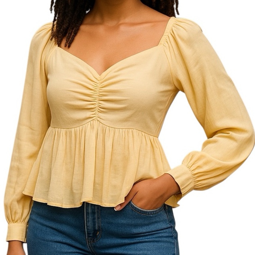 Baevely Yellow Long Sleeve Blouse with Open Back and Ruched Bust L